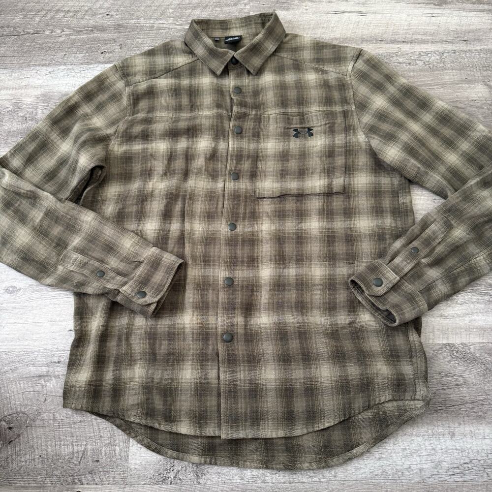 Under Armour Flannel Shirt Mens L Green Plaid Tradesman Flex Snap Button 1372600